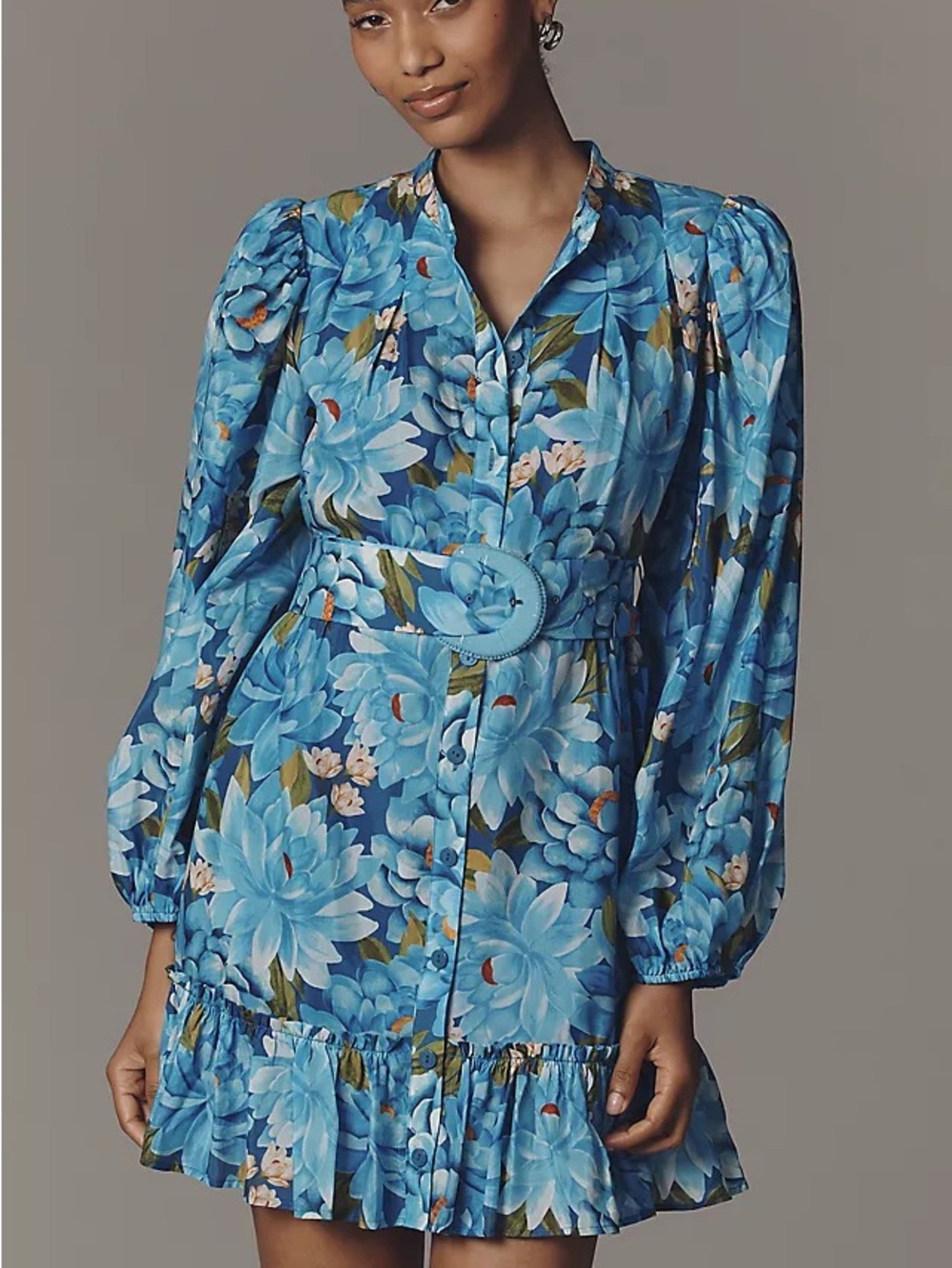 Farm Rio X Anthropologie Long Sleeve Mini Swing Dress XS Blue Floral Ruffle NWT